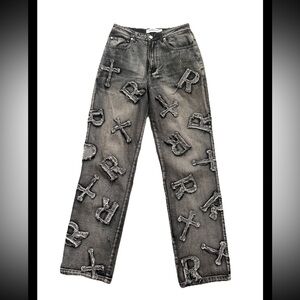 RACER WORLDWIDE Womens Midrise Graphic Streetwear Charcoal Wash Jeans Sz 28